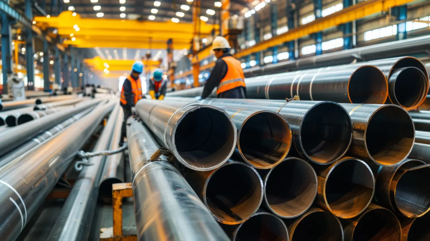 Industriearbeiter bei der Inspektion großer Stahlrohre in einer Fabrik. Konzept der Fertigung, Metallurgie, Maschinenbau, Schwerindustrie